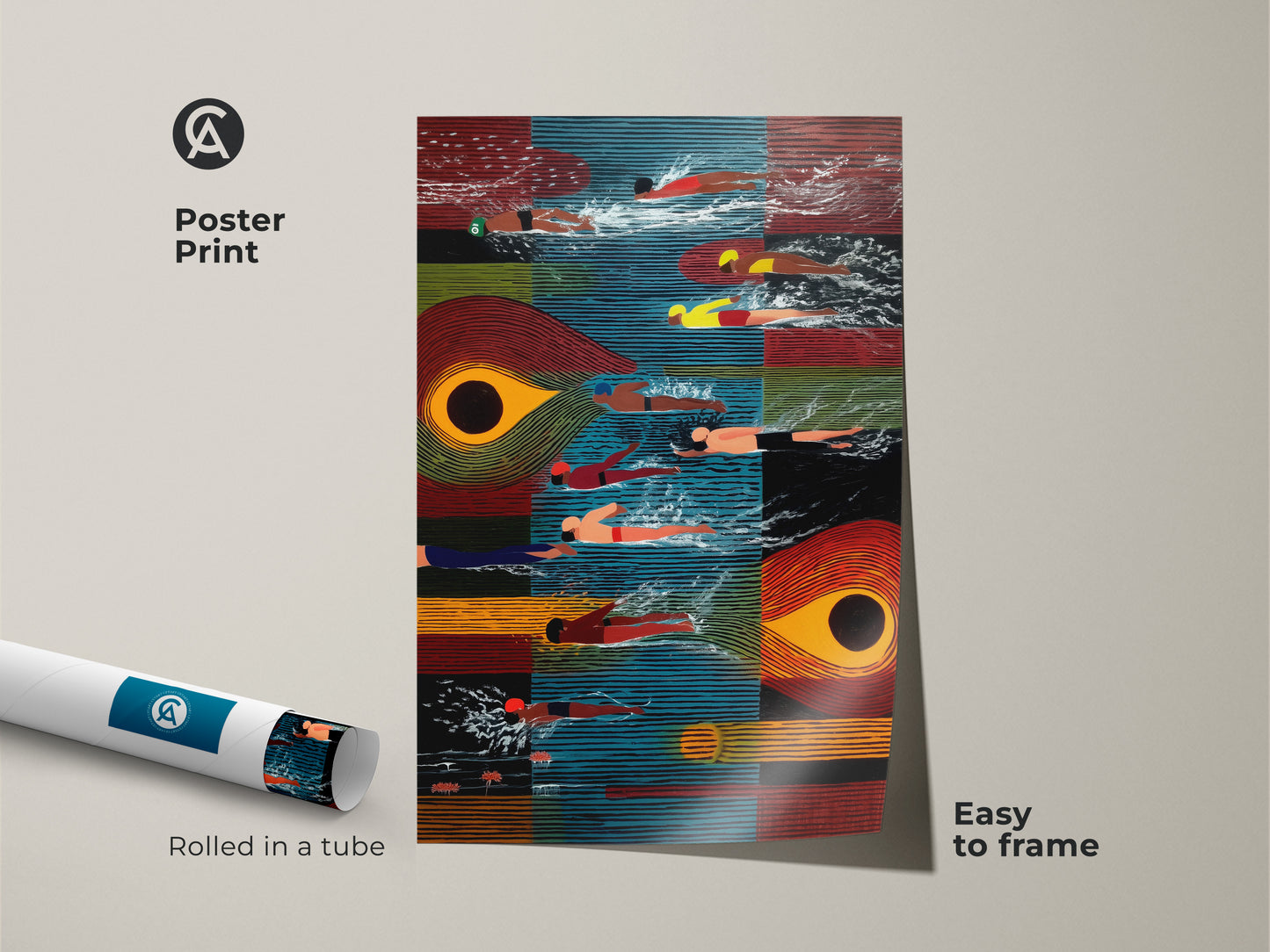 This poster print features an abstract swimming scene in a mid-century modern style. Rolled in a tube it’s easy to frame. The artwork uses blue orange and red colors. This swimming abstract canvas adds color. It's a unique gift for sports enthusiasts. Enhance your decor with this art.