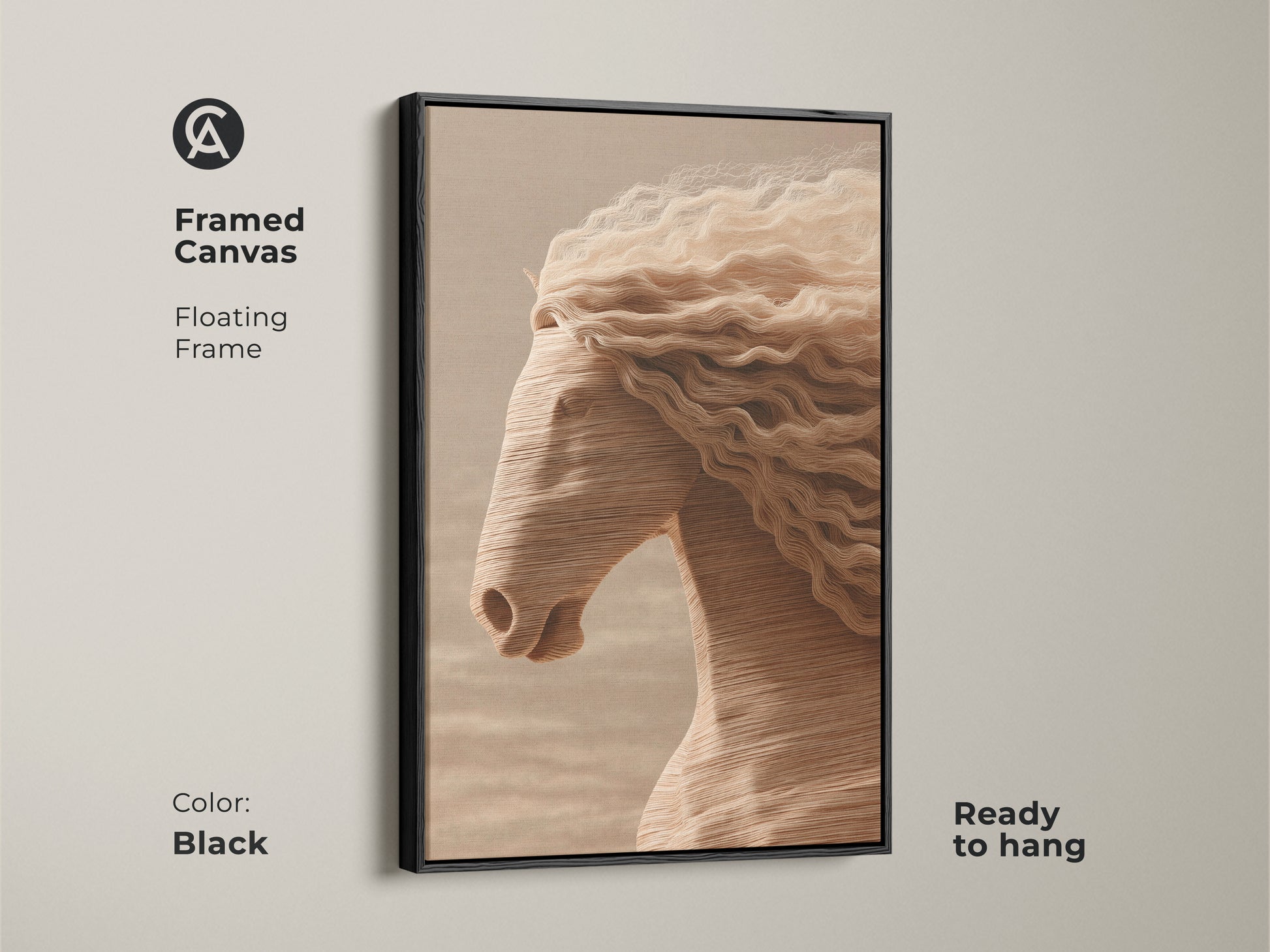 Framed canvas featuring minimalist horse art with a floating black frame. The cream tan and beige artwork adds sophistication to your walls. Ready to hang this equestrian-themed piece complements modern office decor. Ideal for horse lovers.