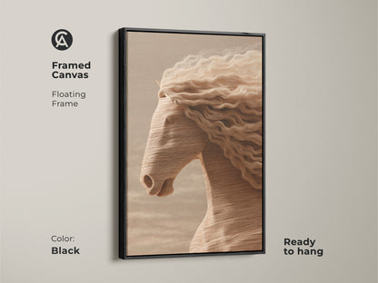 Framed canvas featuring minimalist horse art with a floating black frame. The cream tan and beige artwork adds sophistication to your walls. Ready to hang this equestrian-themed piece complements modern office decor. Ideal for horse lovers.