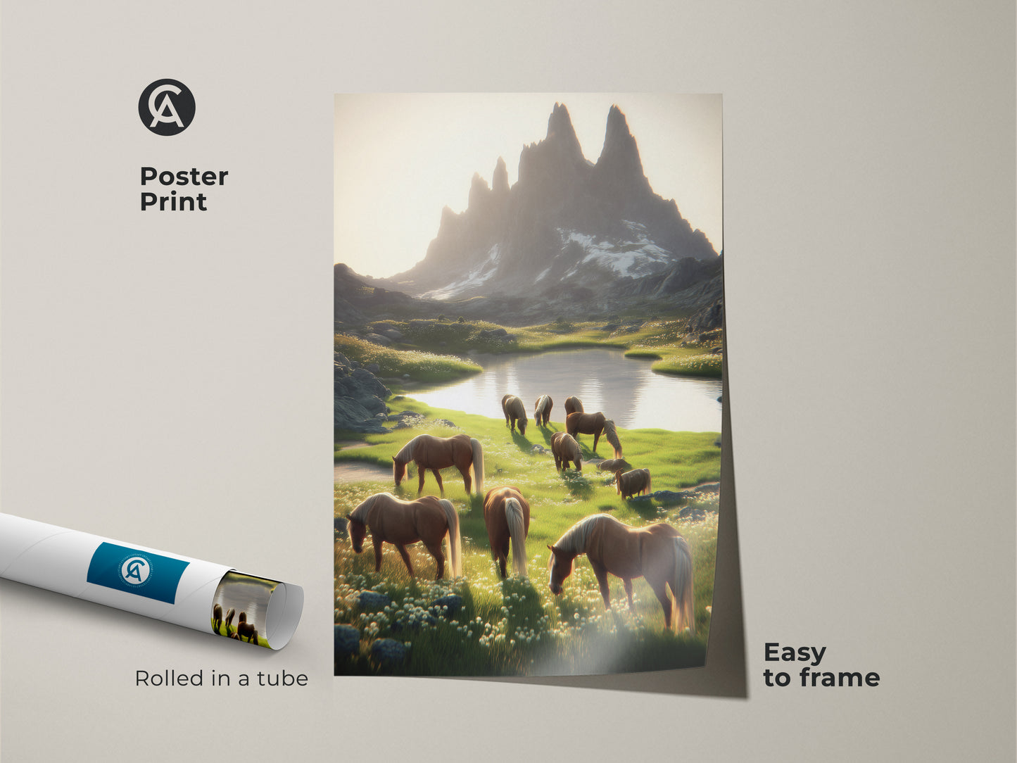 Museum-quality poster print of a photorealistic horse art. Featuring a rustic mountain landscape this gold green nature art is easy to frame. An equestrian gift idea for farmhouse landscape painting lovers. This animal scenic artwork brings a peaceful vibe.