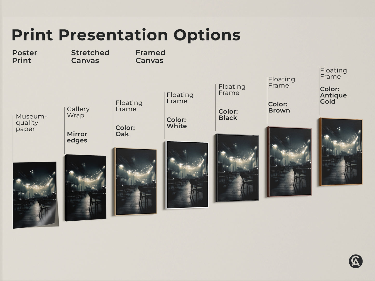Explore print presentation options with this elegant cafe artwork. Choose from poster prints stretched canvas or framed canvas. Select the perfect style to match your taste. Elevate your space with this art.