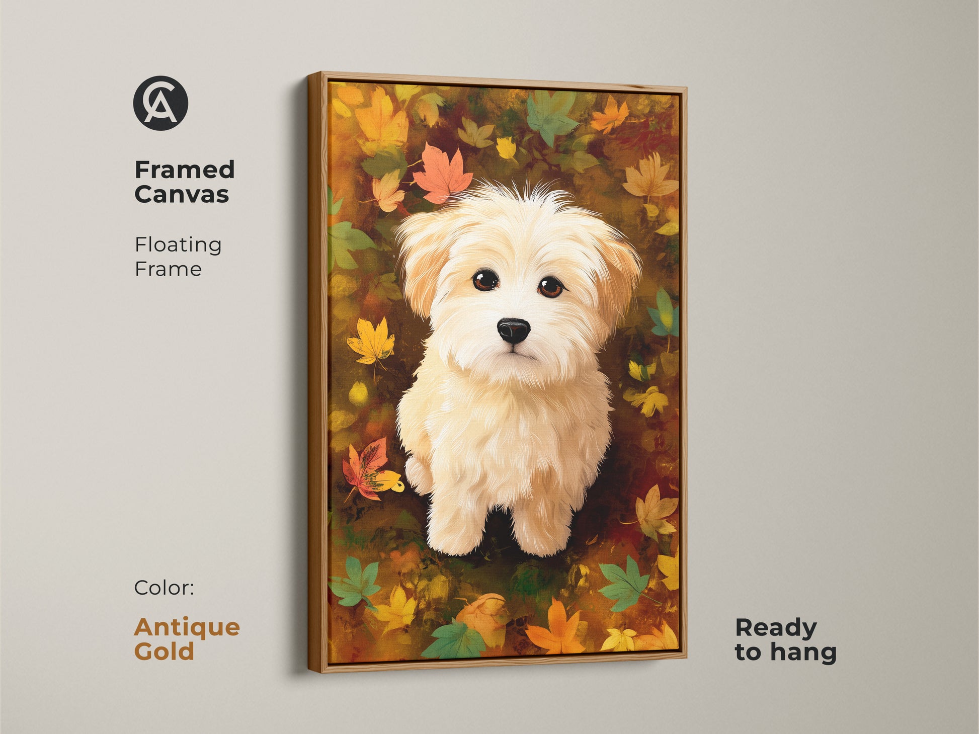 Framed canvas print of a maltipoo puppy with autumn leaves. Antique gold floating frame adds elegance to the dog artwork. Ready to hang this art to create a cozy atmosphere.