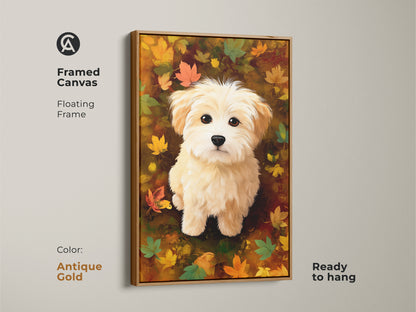Framed canvas print of a maltipoo puppy with autumn leaves. Antique gold floating frame adds elegance to the dog artwork. Ready to hang this art to create a cozy atmosphere.