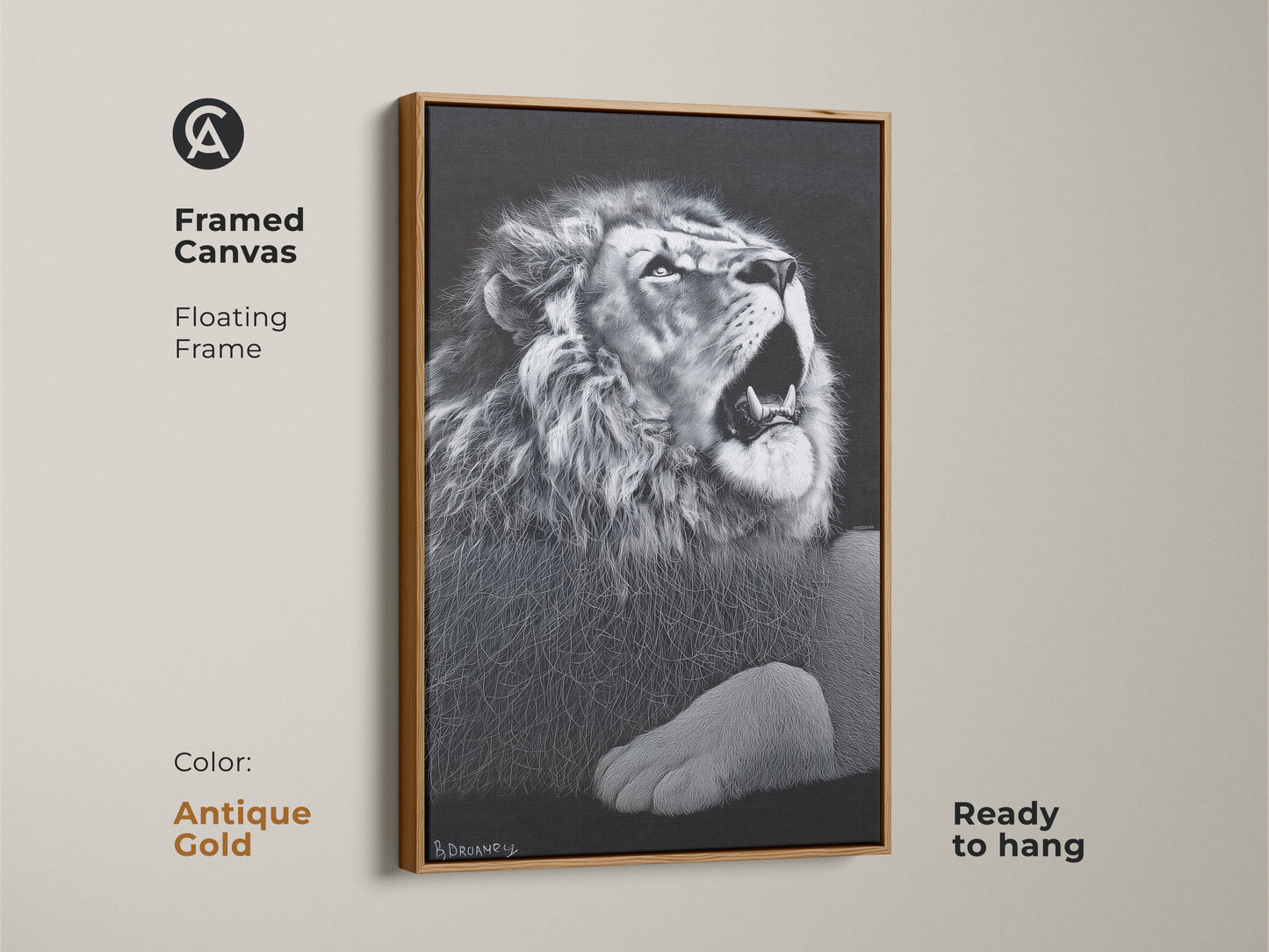 Antique gold framed monochrome lion canvas. This floating framed wildlife decor is ready to hang. It's suited for a contemporary bedroom or office. Consider this king of jungle artwork.