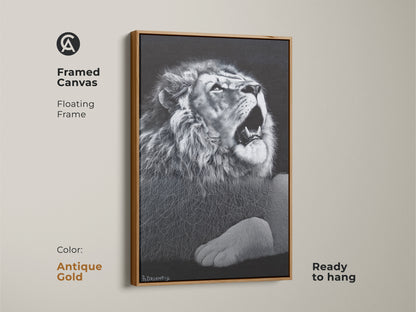 Antique gold framed monochrome lion canvas. This floating framed wildlife decor is ready to hang. It's suited for a contemporary bedroom or office. Consider this king of jungle artwork.