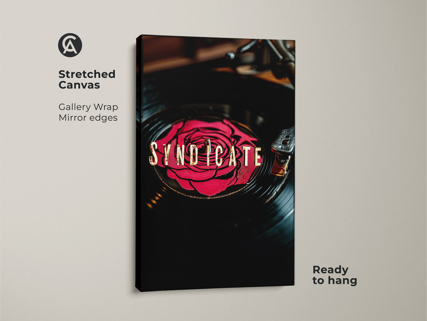 Stretched canvas print of Syndicate vinyl record art. A red rose design on a vinyl record with gold typography. Gallery wrap with mirror edges is ready to hang. Ideal music enthusiast decor.