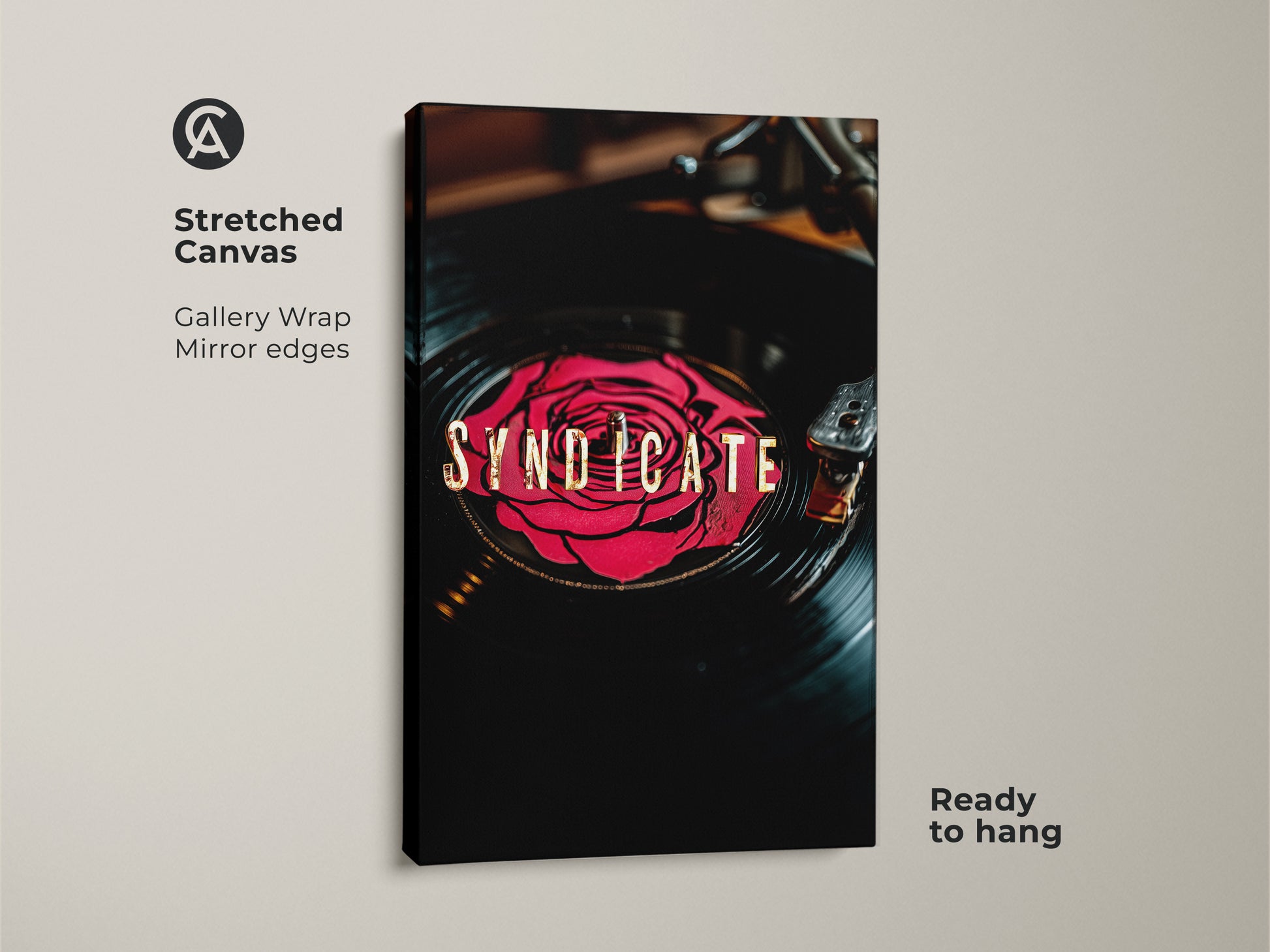 Stretched canvas print of Syndicate vinyl record art. A red rose design on a vinyl record with gold typography. Gallery wrap with mirror edges is ready to hang. Ideal music enthusiast decor.