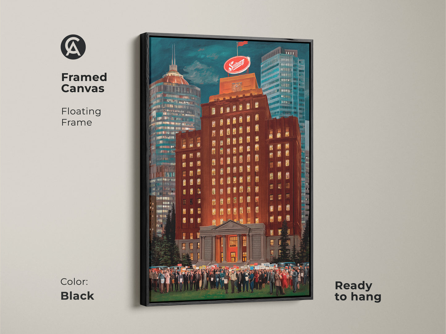 Framed canvas with a black floating frame showing a burnt orange cityscape. This ready-to-hang contemporary artwork features a golden yellow skyline and a crowd gathering. The piece is perfect for adding urban social commentary to any room.