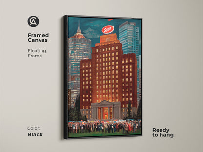 Framed canvas with a black floating frame showing a burnt orange cityscape. This ready-to-hang contemporary artwork features a golden yellow skyline and a crowd gathering. The piece is perfect for adding urban social commentary to any room.