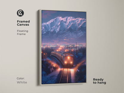 Framed canvas presents a modern winter train landscape. White floating frame accents the mountain cityscape artwork. Ready to hang cinematic art featuring a journey-themed decor. A great gift for travel enthusiasts and art lovers in general. This snow train artwork brightens up any living space.