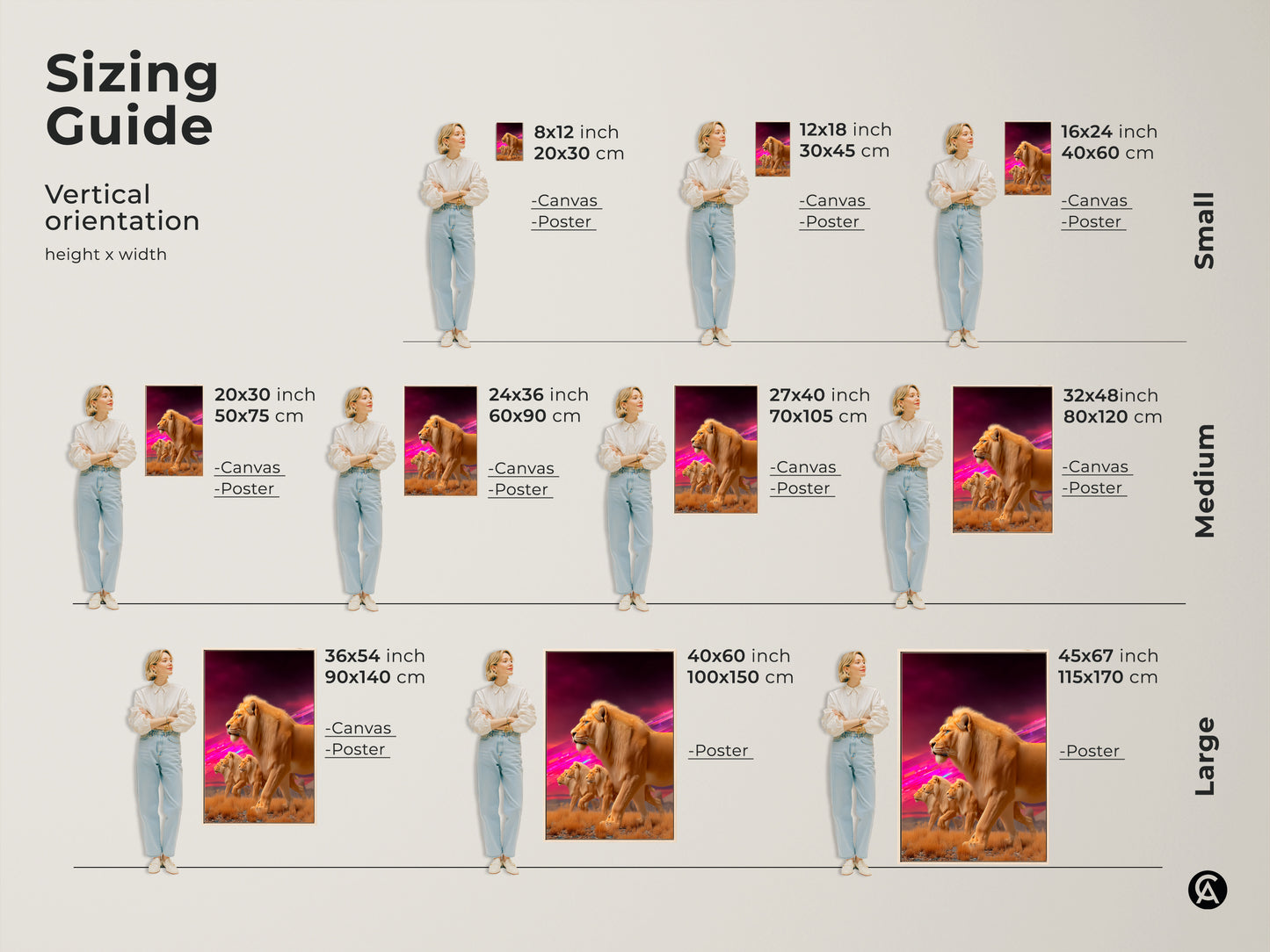 Sizing guide for Lion Pride canvas and poster prints. Visualize how the wildlife animal artwork fits different wall sizes. From small to large each print showcases a fantasy savanna landscape in gold & pink hues. Perfect for home decor