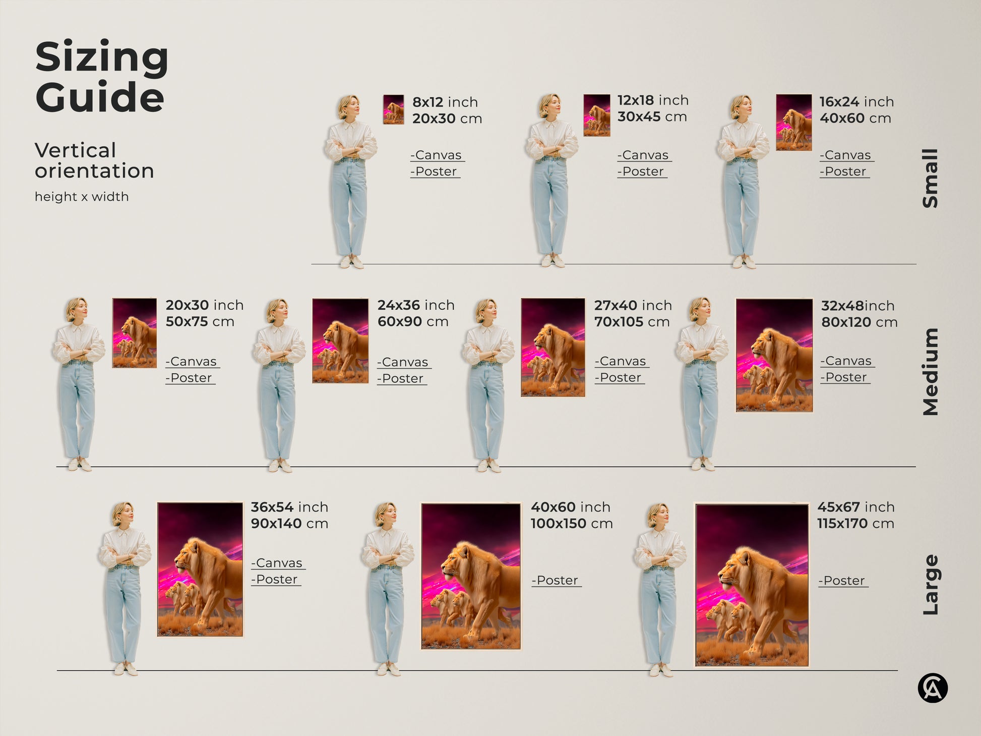 Sizing guide for Lion Pride canvas and poster prints. Visualize how the wildlife animal artwork fits different wall sizes. From small to large each print showcases a fantasy savanna landscape in gold & pink hues. Perfect for home decor