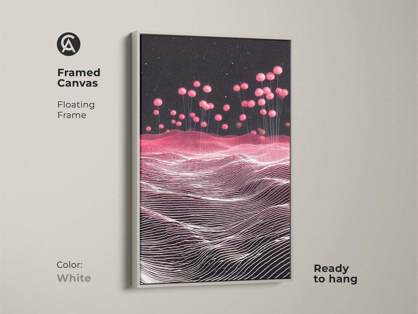 White Framed Canvas Print with a Sci-Fi Abstract Landscape. Pink balloons decorate a Magenta Starry Sky. Contemporary artwork adds modern decor. This unique canvas is ready to hang. Perfect as a housewarming gift. Ideal for sci-fi and abstract art lovers.