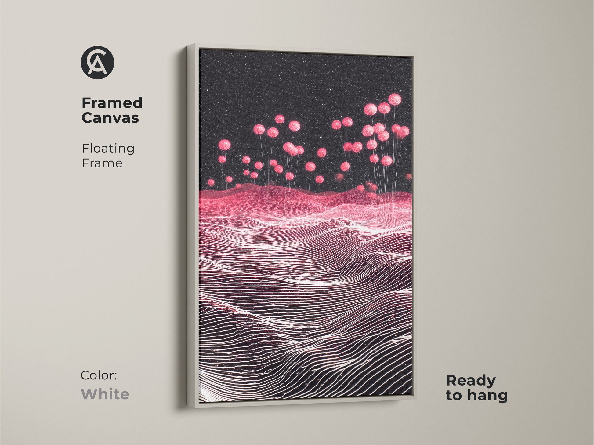 White Framed Canvas Print with a Sci-Fi Abstract Landscape. Pink balloons decorate a Magenta Starry Sky. Contemporary artwork adds modern decor. This unique canvas is ready to hang. Perfect as a housewarming gift. Ideal for sci-fi and abstract art lovers.