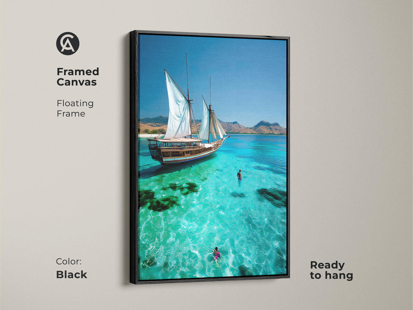 Adorn your walls with our framed Coastal Wall Art. This sailboat print set in a turquoise ocean scene adds beach travel art vibes. This nautical home decor gift brings a sailboat gliding through crystal waters to your space. Swimmers enjoy the refreshing sea. A black frame enhances this piece for seaside tranquility.