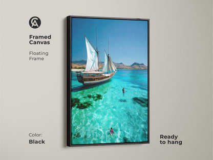 Adorn your walls with our framed Coastal Wall Art. This sailboat print set in a turquoise ocean scene adds beach travel art vibes. This nautical home decor gift brings a sailboat gliding through crystal waters to your space. Swimmers enjoy the refreshing sea. A black frame enhances this piece for seaside tranquility.