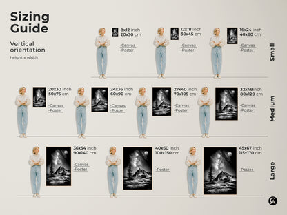 Sizing guide for vertical monochrome mountain artwork. Available as canvas or poster in sizes from 8x12 to 45x67 inches. Each features a black and white landscape with a moonlit pine tree.