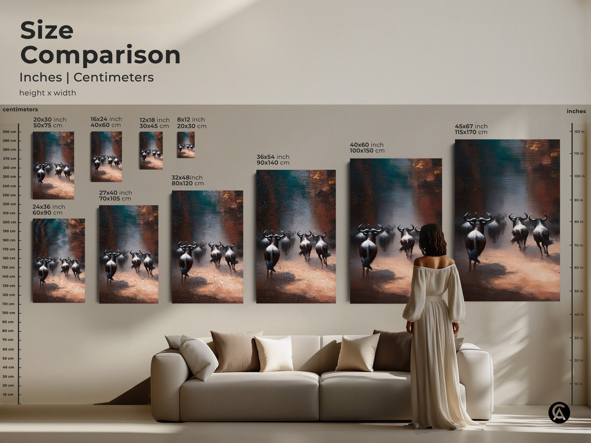 Size comparison for wildebeest herd canvas. Various sizes are shown in inches and centimeters. See how the artwork fits above a couch. Visualize the impact of large animal wall art in your living room decor.