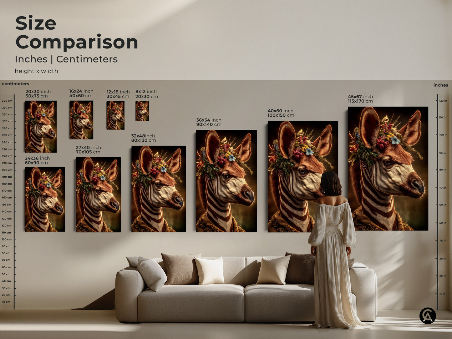 Size comparison of this animal with flowers art. See how the botanical zebra art print fits in different spaces. Perfect earthy tones home decor. A great addition to any eclectic bedroom decor. This gothic zebra portrait adds a unique touch. Unique animal art print to elevate your interior