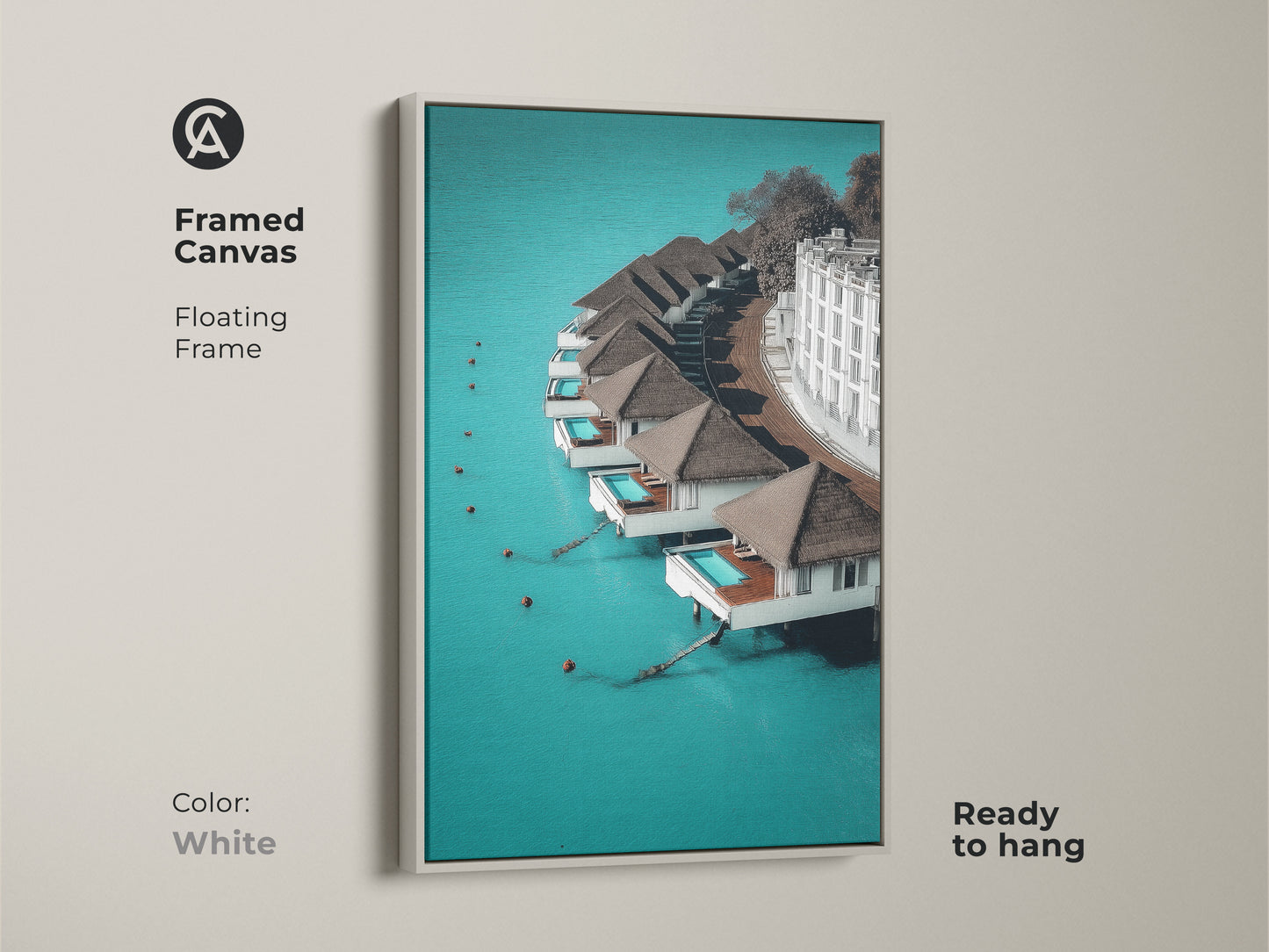 White framed canvas featuring minimalist overwater bungalows. This floating frame complements the turquoise ocean landscape. It is ready to hang. This contemporary art brings a serene ocean view to any space.