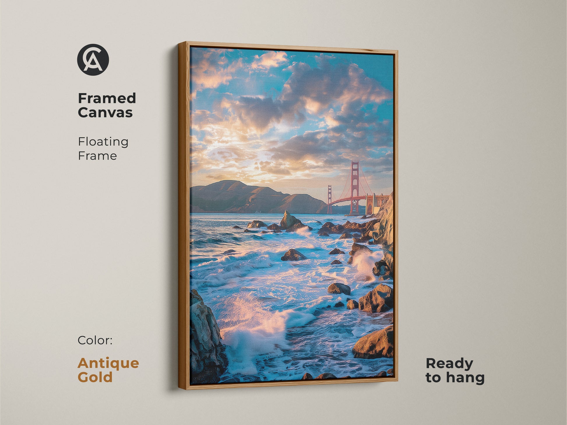 Framed canvas of the Golden Gate Bridge with a floating antique gold frame. Ready to hang this teal and orange photorealistic art captures ocean waves. A contemporary seascape wall art perfect for coastal living room decor.