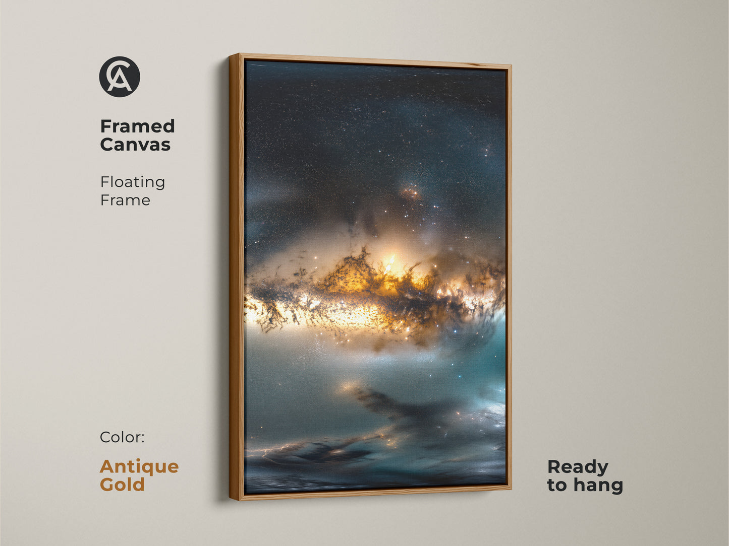 Antique gold framed canvas featuring stunning space nebula artwork. This floating frame enhances the depth of the canvas. Ready to hang this framed art adds sophistication to any space. Perfect for adding a cosmic touch to your wall decor.