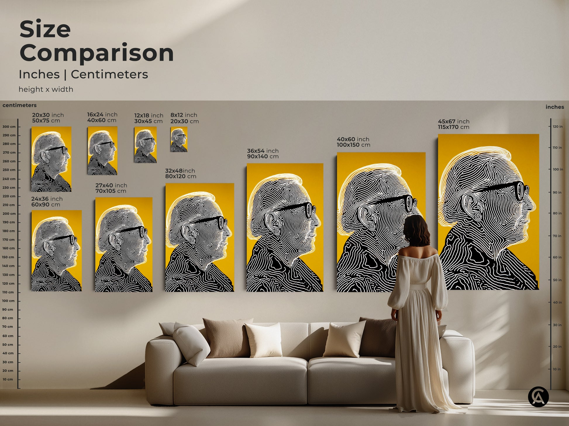 Size comparison of portrait artwork in inches and centimeters. See how the art fits above a sofa. Artwork features a man with glasses in line art on yellow. Choose the right size for your space.