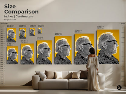 Size comparison of portrait artwork in inches and centimeters. See how the art fits above a sofa. Artwork features a man with glasses in line art on yellow. Choose the right size for your space.
