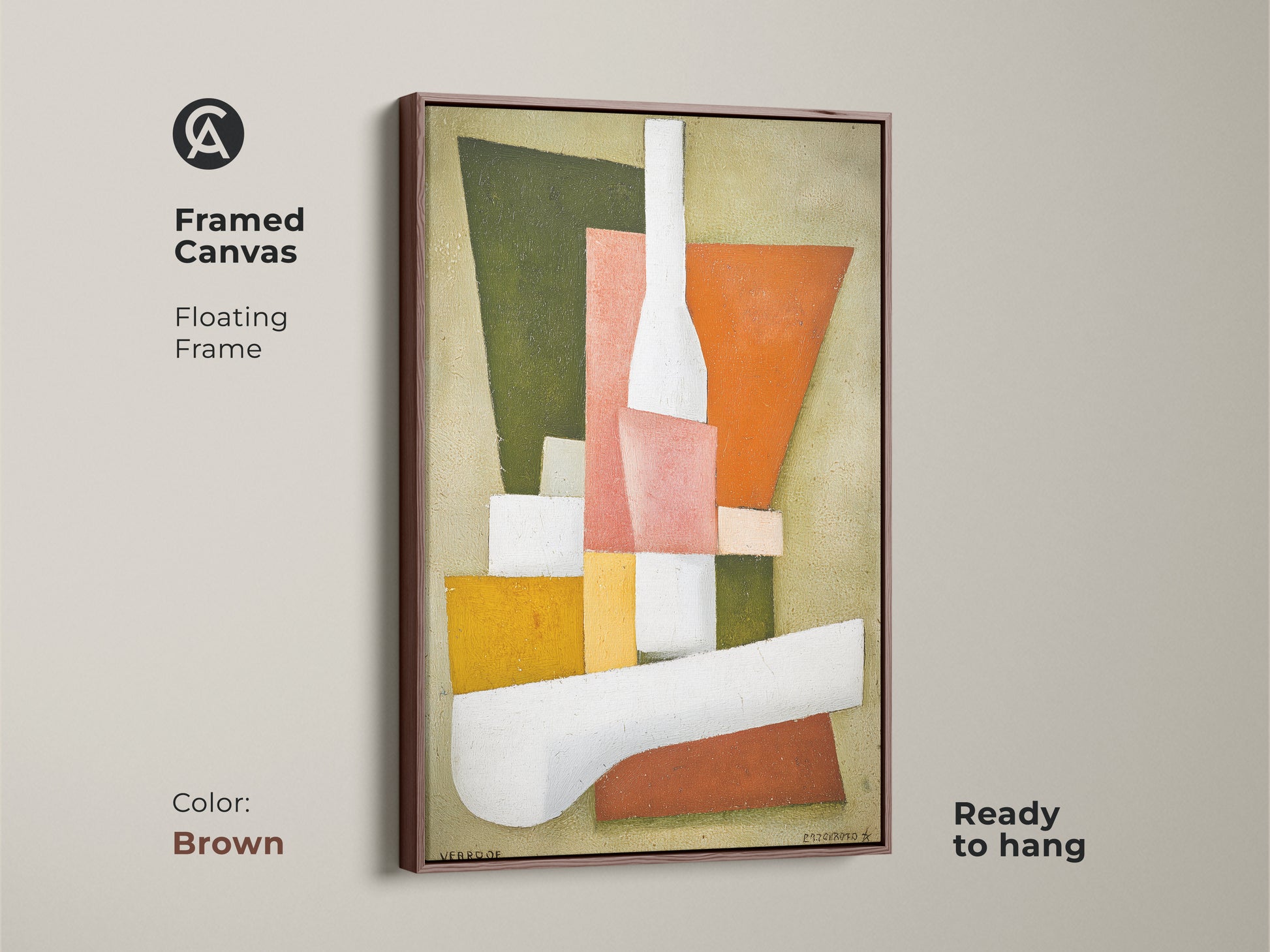 Framed canvas of an abstract geometric still life art print. The brown floating frame complements the orange pink and green color palette. Perfect for a housewarming gift for art enthusiasts. Modern abstract painting adds an eclectic home accent.
