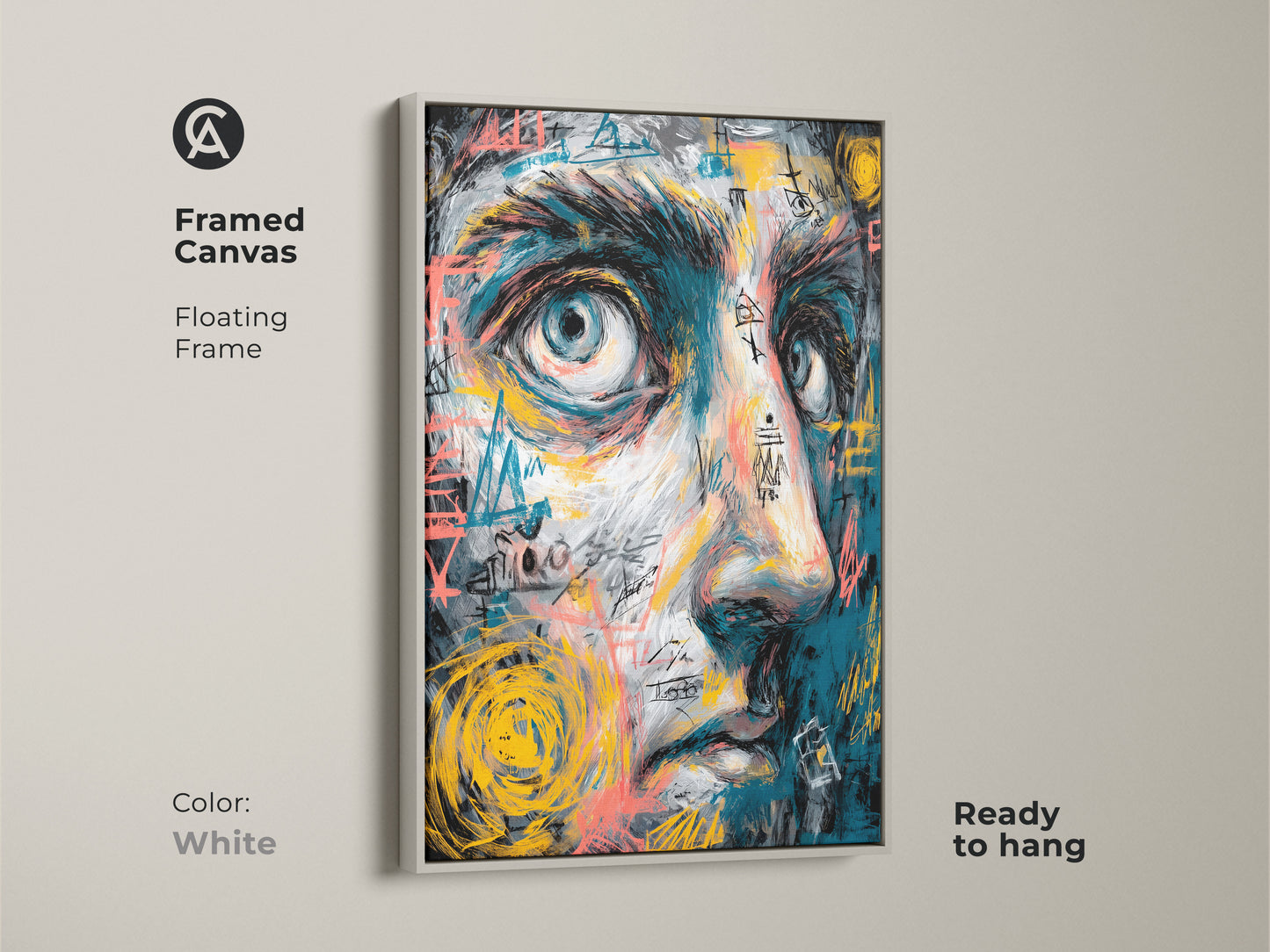 Framed canvas art with a floating white frame ready to hang. The artwork features a blue face with abstract graffiti. The white frame offers a clean and modern look. Perfect for contemporary art lovers.