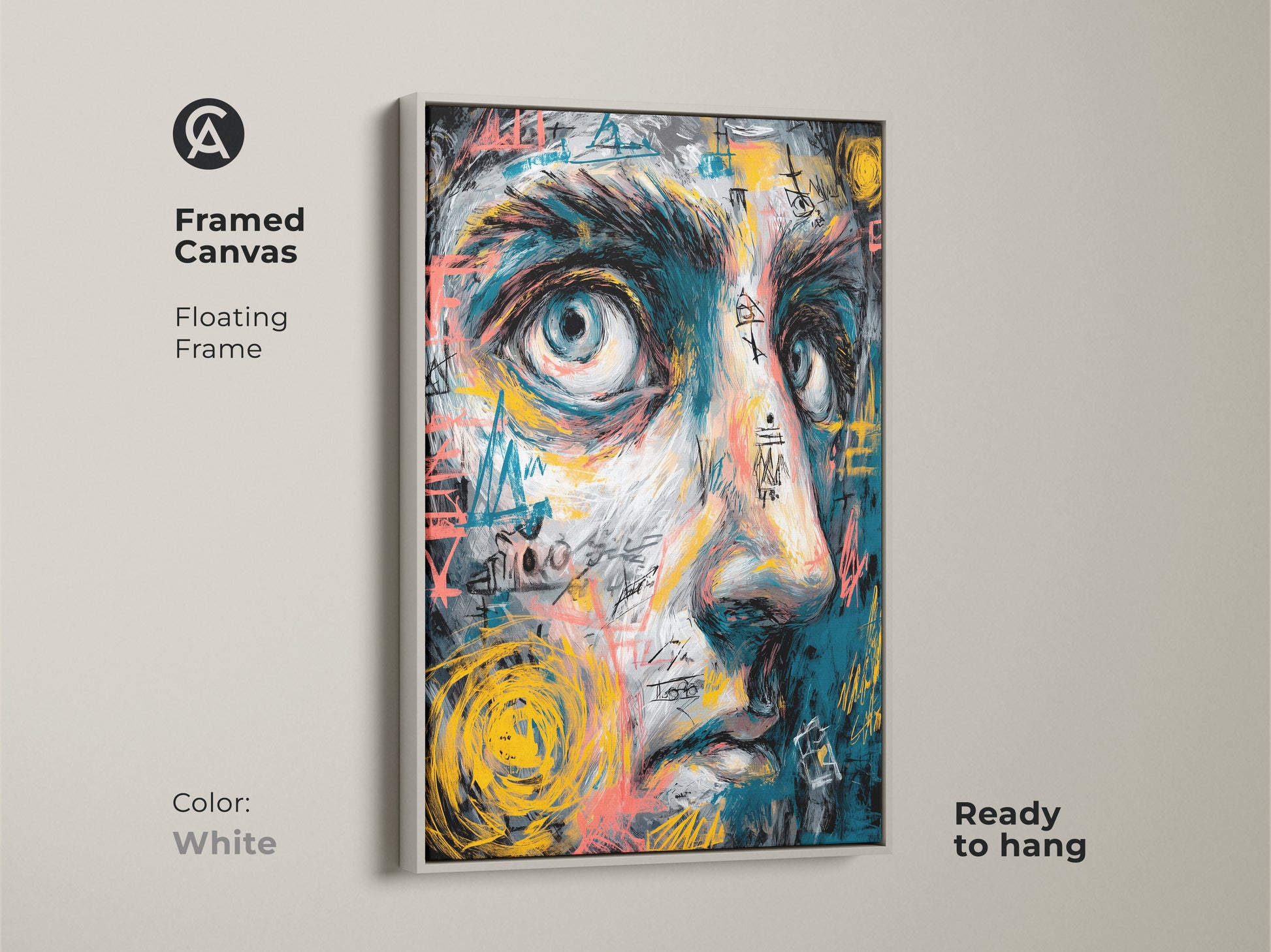 Framed canvas art with a floating white frame ready to hang. The artwork features a blue face with abstract graffiti. The white frame offers a clean and modern look. Perfect for contemporary art lovers.