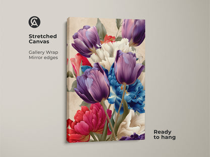 Close-up of a stretched canvas print with gallery wrap and mirror edges. This ready-to-hang artwork features purple tulips and blue peonies. An eclectic botanical floral artwork enhances any space adding vibrant colors with dominant purple and blue hues.