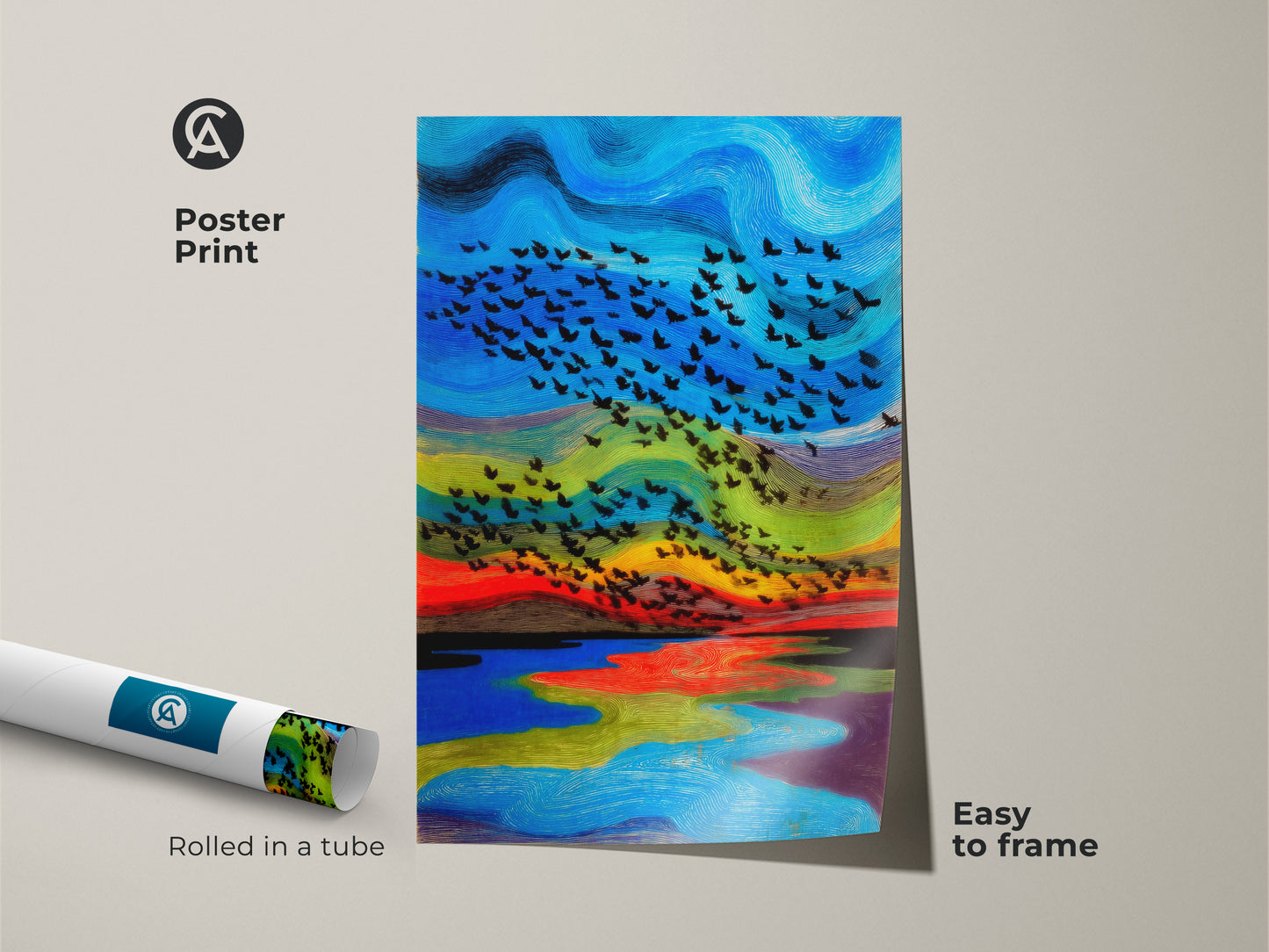Easy to frame poster print of eclectic abstract bird painting rolled in a tube. Features a blue red green nature landscape. Modern avian artwork provides unique housewarming gift option for residential spaces.