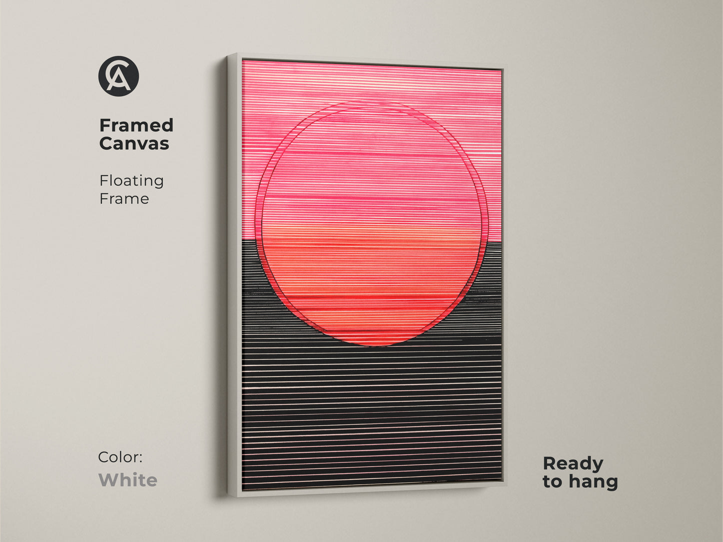 Ready to hang framed canvas art of geometric lines and circle. The floating frame has a white finish. This modern minimalist wall decor is hot pink coral and black. Perfect for any room.