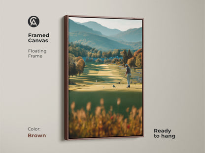 Elevate your home decor with this framed canvas golf artwork. This artwork portrays a golfer on a lush course with mountains in the distance. The brown floating frame complements the scene's natural tones. Ready to hang and admire.