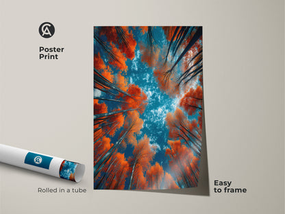 Poster print showcasing a vibrant forest with orange leaves and blue sky. This easy-to-frame art arrives rolled in a tube. Ideal for adding a touch of nature to your walls. Get your stunning forest art print now. Transform your space with unique posters.