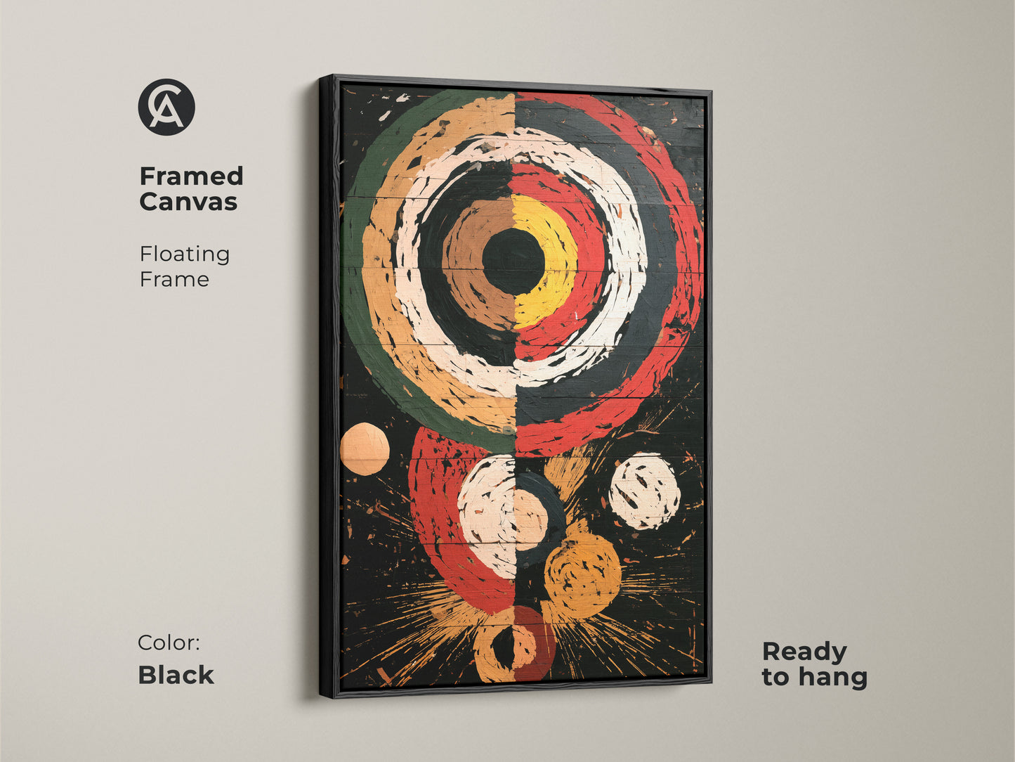 Framed black canvas featuring a Retro Abstract Geometric art print. This piece of office wall art showcases concentric circles and explosion shapes in red black and white. It's a mid-century modern artwork ready to hang with a floating frame. An ideal retro style canvas for any room.