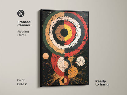 Framed black canvas featuring a Retro Abstract Geometric art print. This piece of office wall art showcases concentric circles and explosion shapes in red black and white. It's a mid-century modern artwork ready to hang with a floating frame. An ideal retro style canvas for any room.
