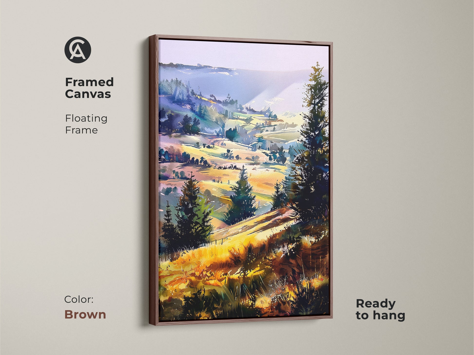 Brown framed canvas featuring boho hills wall art. The impressionistic trees nature artwork is ready to hang. This yellow green purple art brings countryside landscape art indoors.