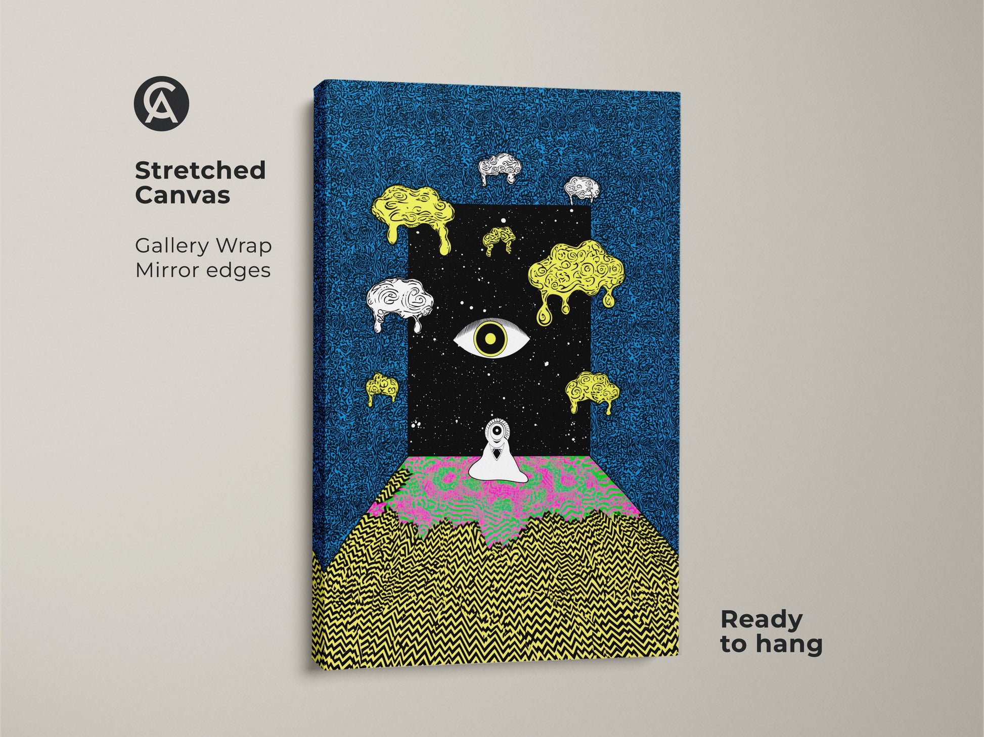 Stretched surreal eye canvas artwork featuring a mesmerizing cosmic portal. This psychedelic abstract art combines deep blues blacks and vibrant melting yellows. A lone figure stands before a trippy landscape. Ideal eclectic bedroom wall art creates a mind bending focal point offering depth and intrigue