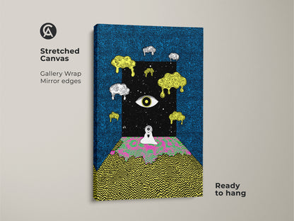 Stretched surreal eye canvas artwork featuring a mesmerizing cosmic portal. This psychedelic abstract art combines deep blues blacks and vibrant melting yellows. A lone figure stands before a trippy landscape. Ideal eclectic bedroom wall art creates a mind bending focal point offering depth and intrigue