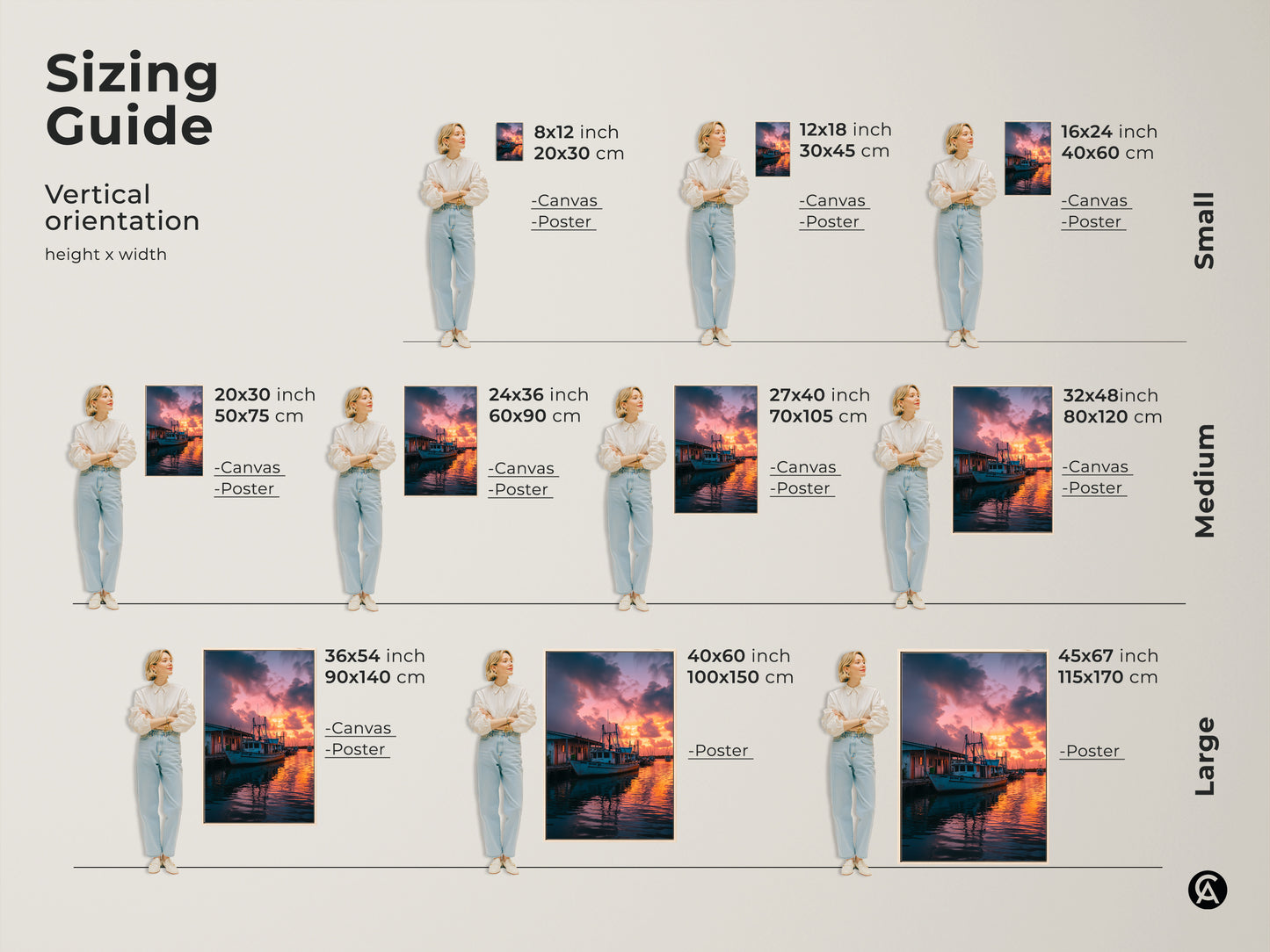 Sizing guide for nautical fishing boat canvas and poster prints. Visualize the artwork in various sizes to fit your space. Perfect for coastal sunset wall art in your beach house or as a maritime gift. Find the ideal size for your oceanfront property art.