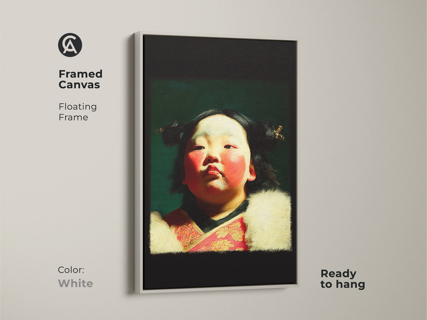 Framed canvas in white of a cultural child portrait oil painting style art print. The artwork features a child in traditional attire with red and gold accents. Ready to hang. It's great art for a nursery.