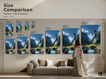 Size comparison of mountain valley landscape art in inches and centimeters. Visualize how each size fits above a sofa. Ranging from small to large. Perfect for adding rustic outdoor scenery to any room. Explore sizes and enhance your home decor.