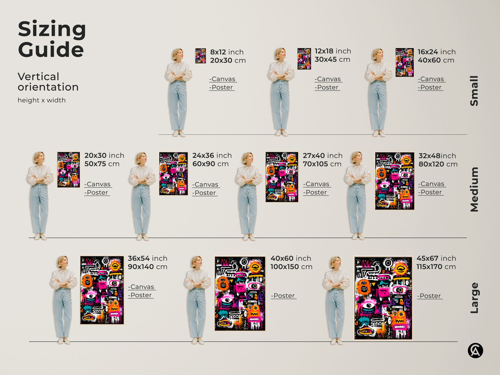 Sizing guide for vertical abstract graffiti art. Visualize the artwork in small medium and large sizes. Available as canvas or poster. Find the perfect fit for your space. Transform your home with this modern art piece. Shop now and discover the ideal size for your walls