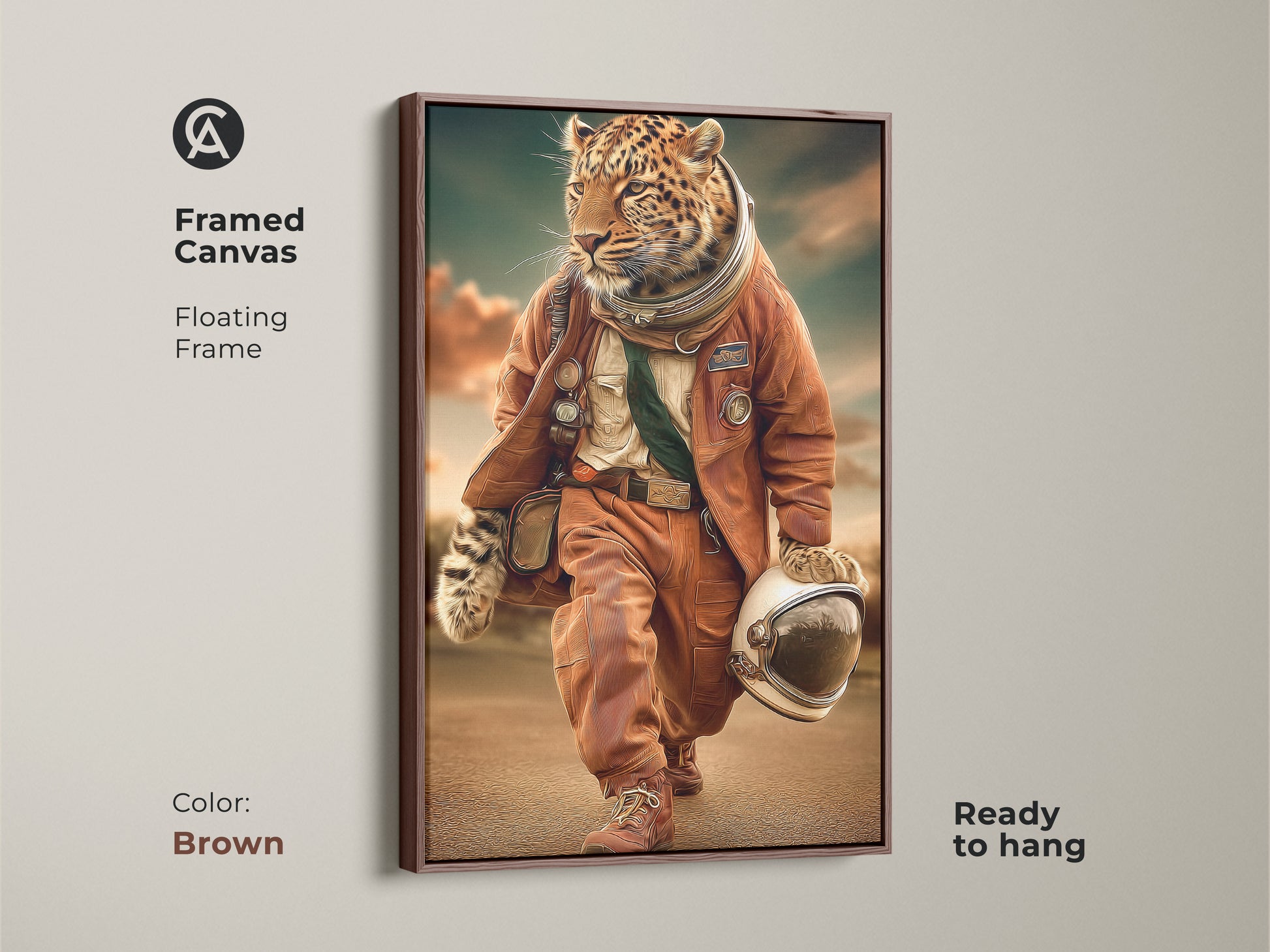 Framed canvas leopard astronaut artwork. Floating frame in brown. Ready to hang. This surreal space adventure print adds modern touch to any room. This orange teal animal art is a unique wildlife art piece. It is a perfect gift for space lovers or adventure seekers.