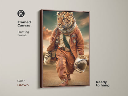 Framed canvas leopard astronaut artwork. Floating frame in brown. Ready to hang. This surreal space adventure print adds modern touch to any room. This orange teal animal art is a unique wildlife art piece. It is a perfect gift for space lovers or adventure seekers.