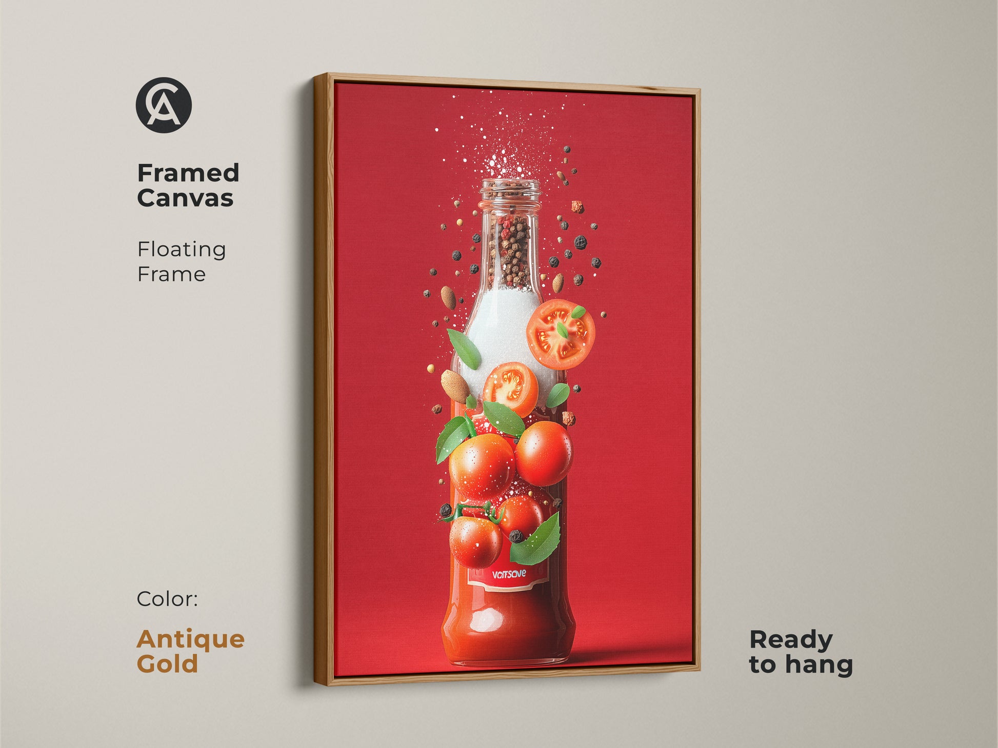 Antique gold framed tomato sauce bottle art. The art shows a bottle with tomatoes peppercorns spices and herbs. This vibrant artwork is a framed canvas with a floating frame. The art is ready to hang.