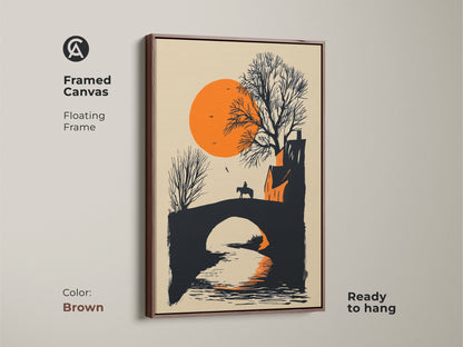 Framed canvas artwork featuring a horse rider on a bridge at sunset. The floating frame in brown adds warmth to the minimalist landscape. This modern farmhouse orange and black print is ready to hang. A unique gift for travelers and equestrian art enthusiasts. It enhances any space with rustic charm.