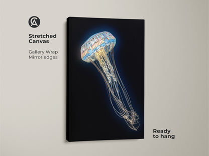 Close-up of a stretched canvas Contemporary Jellyfish Print. This abstract ocean life canvas showcases aqua blue tentacles. A surreal marine biology artwork ready to hang in your home. Gallery wrapped with mirrored edges.